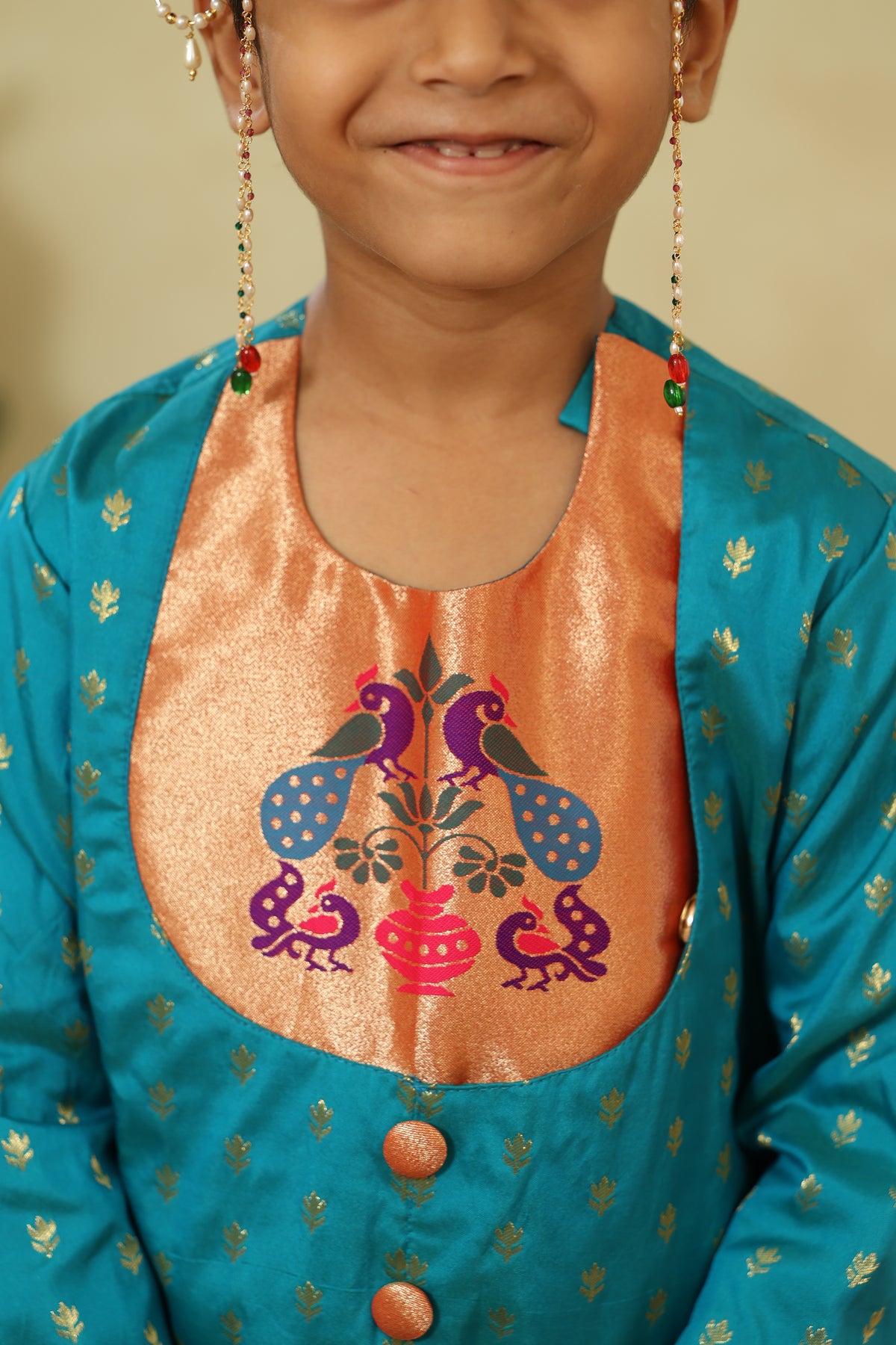 Peacock Green Short Kurta With Statement Paithani Motif Yoke