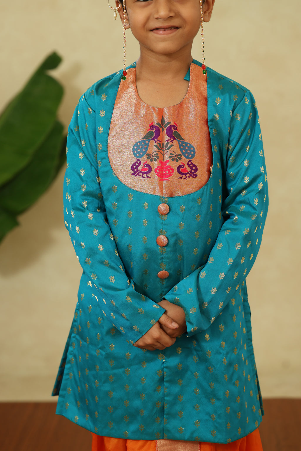 Peacock Green Short Kurta With Statement Paithani Motif Yoke