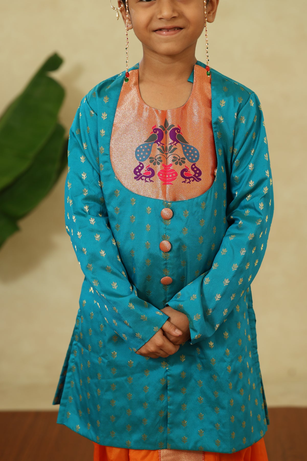 Peacock Green Short Kurta With Statement Paithani Motif Yoke