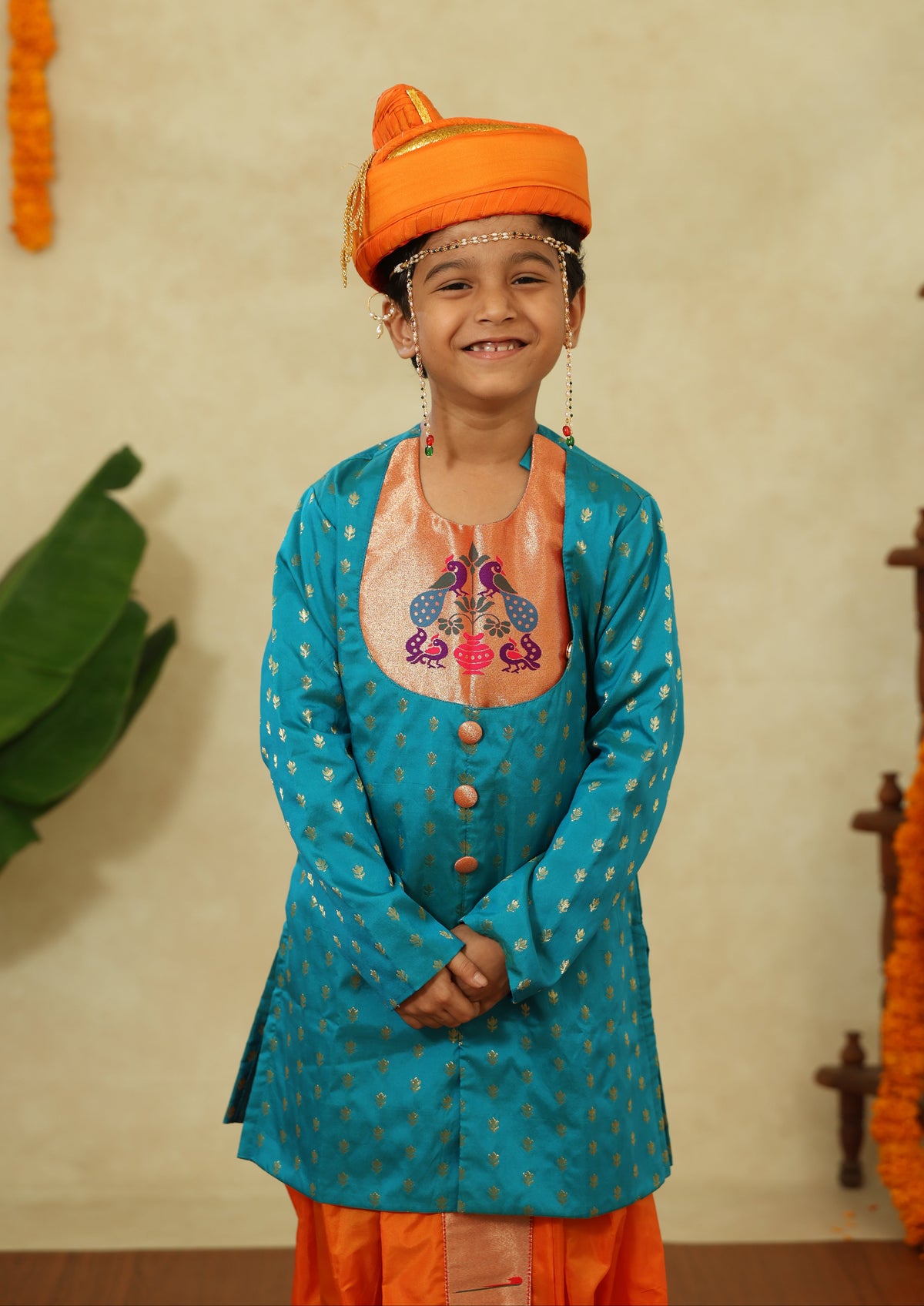 Peacock Green Short Kurta With Statement Paithani Motif Yoke