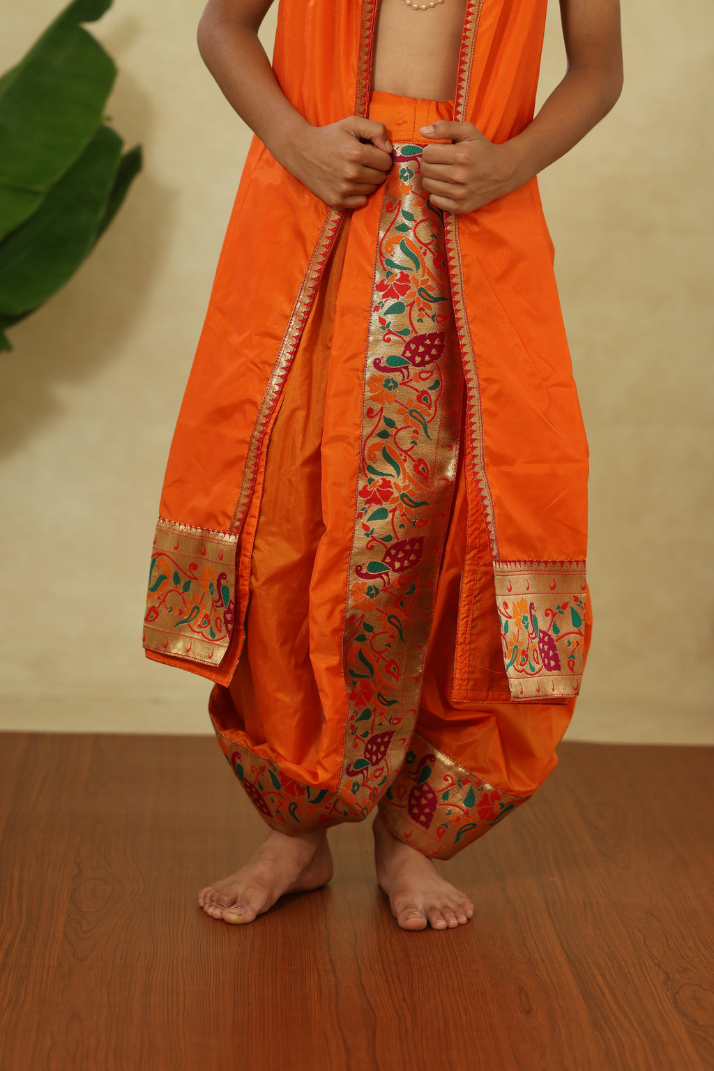 Orange Mysore Silk Sovale Uparane Set With Vibrant Paithani Border
