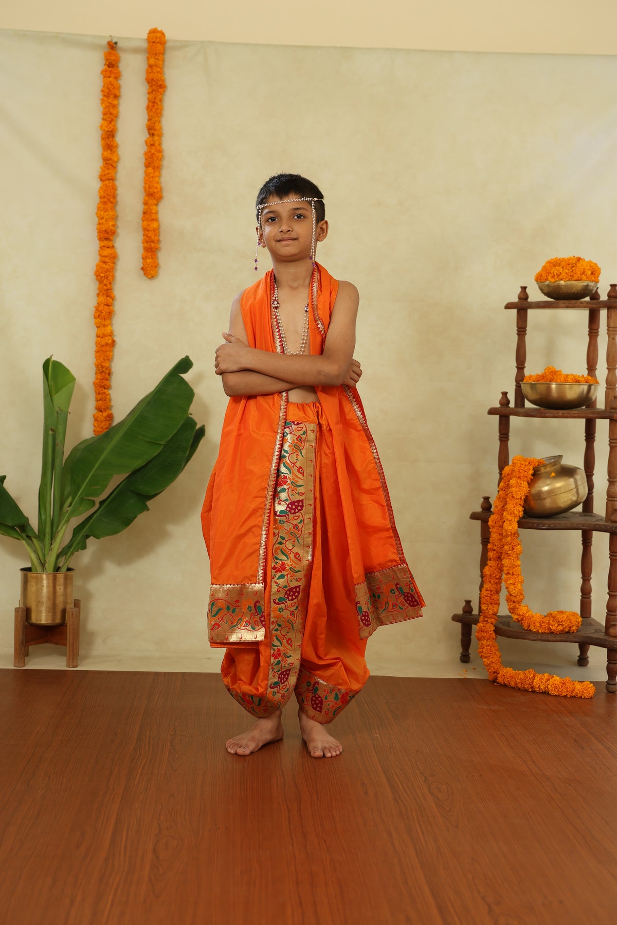 Orange Mysore Silk Sovale Uparane Set With Vibrant Paithani Border