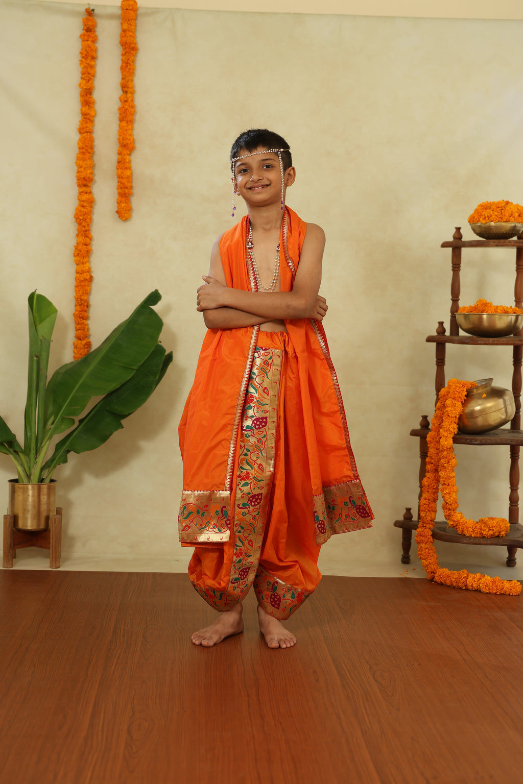 Orange Mysore Silk Sovale Uparane Set With Vibrant Paithani Border