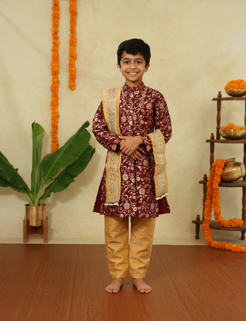 Wine Allover Brocade Silk Sherwani, Salwar & Embroidered Shela Set