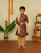Wine Allover Brocade Silk Sherwani, Salwar & Embroidered Shela Set