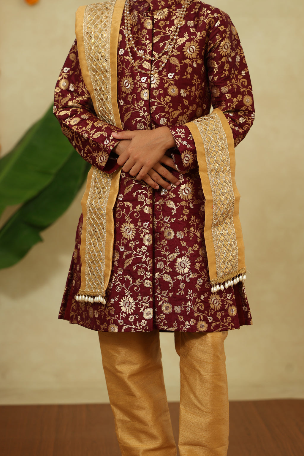 Wine Allover Brocade Silk Sherwani, Salwar & Embroidered Shela Set