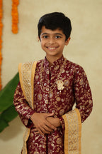 Wine Allover Brocade Silk Sherwani, Salwar & Embroidered Shela Set
