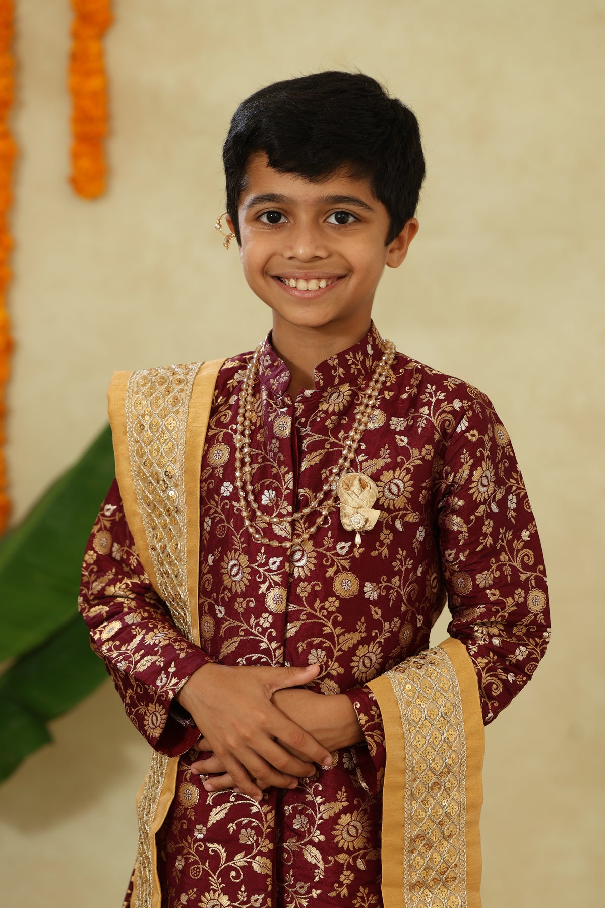 Wine Allover Brocade Silk Sherwani, Salwar & Embroidered Shela Set