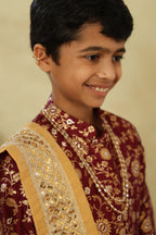 Wine Allover Brocade Silk Sherwani, Salwar & Embroidered Shela Set