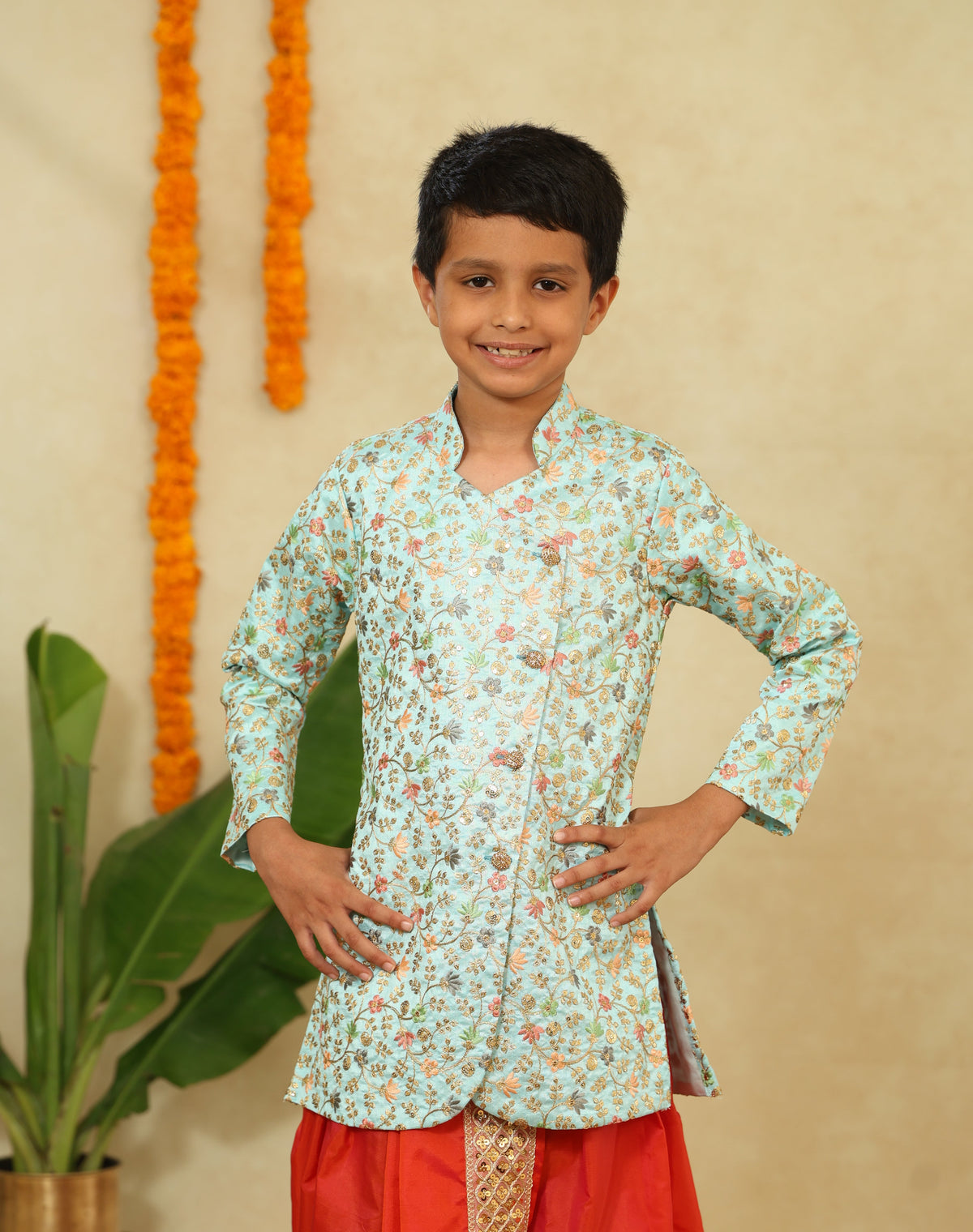 Powder Blue Heavy Embroidered Overlap Pattern Short Kurta