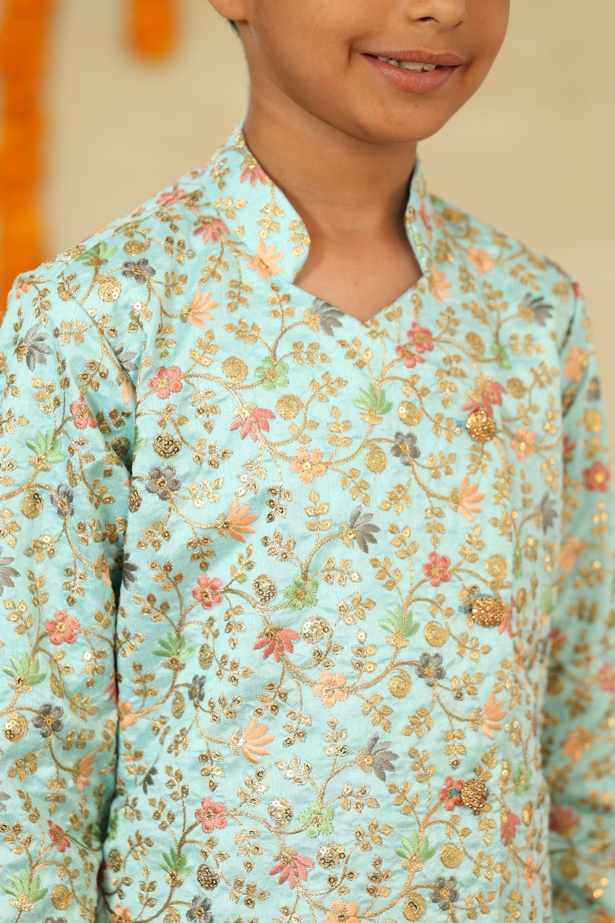 Powder Blue Heavy Embroidered Overlap Pattern Short Kurta