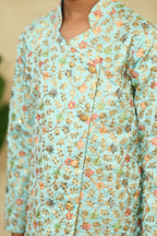 Powder Blue Heavy Embroidered Overlap Pattern Short Kurta