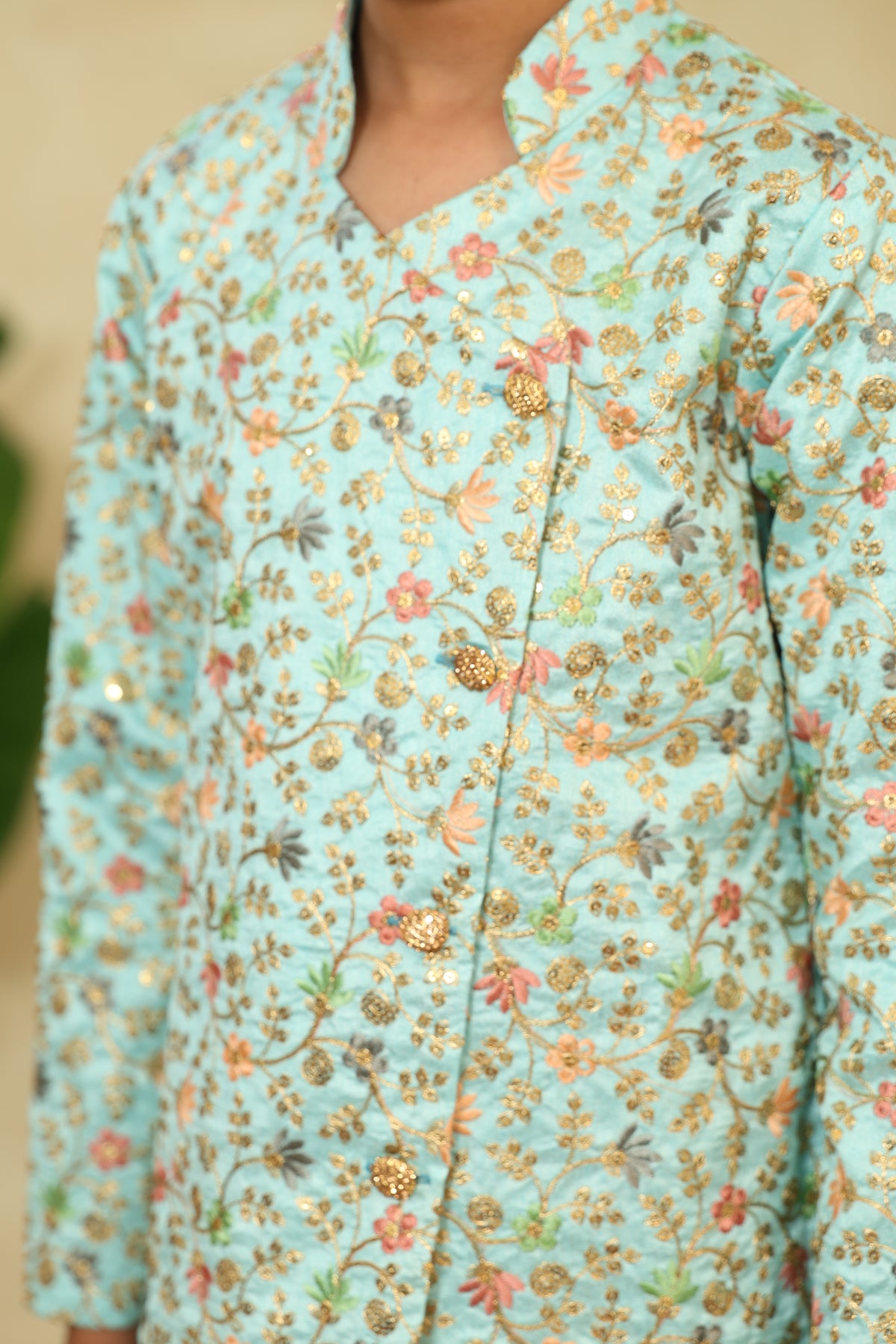 Powder Blue Heavy Embroidered Overlap Pattern Short Kurta