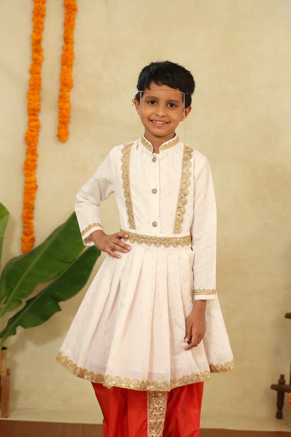 White Chanderi Flared Peshwai Kurta With Golden Lace Detailing