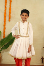 White Chanderi Flared Peshwai Kurta With Golden Lace Detailing