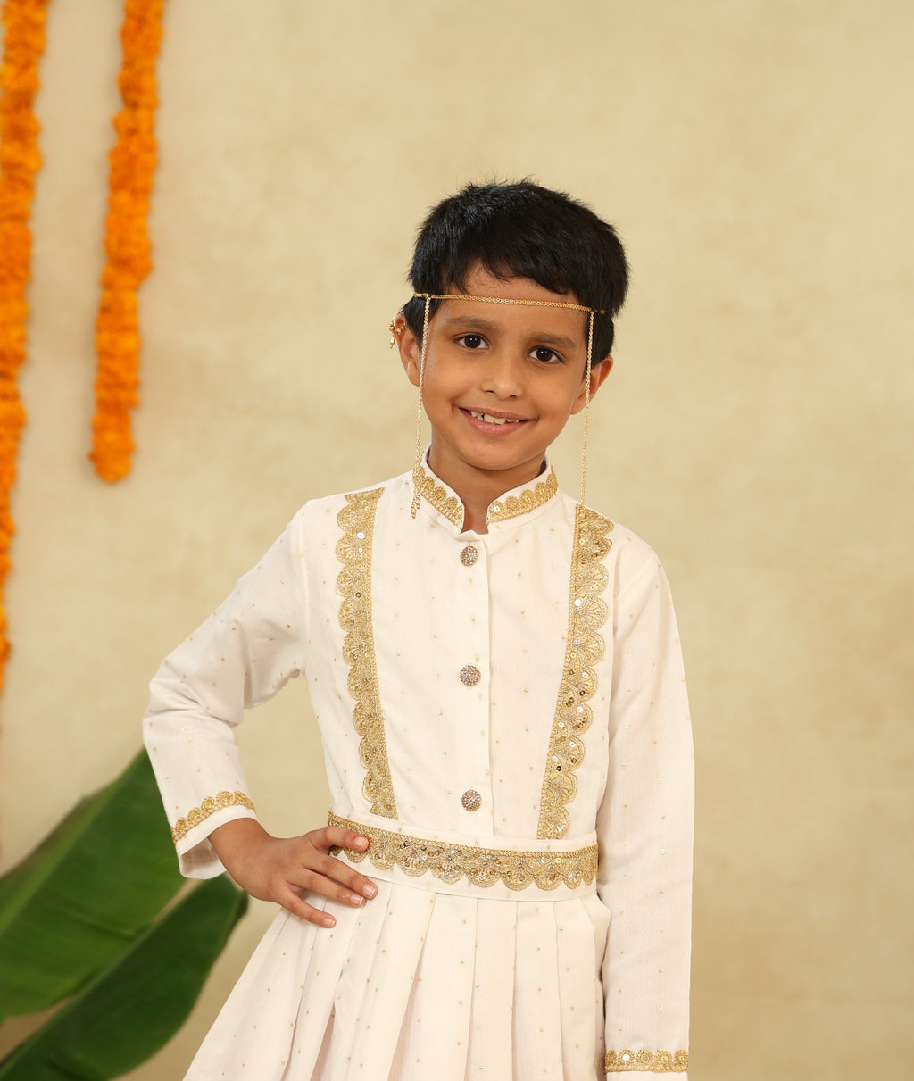 White Chanderi Flared Peshwai Kurta With Golden Lace Detailing
