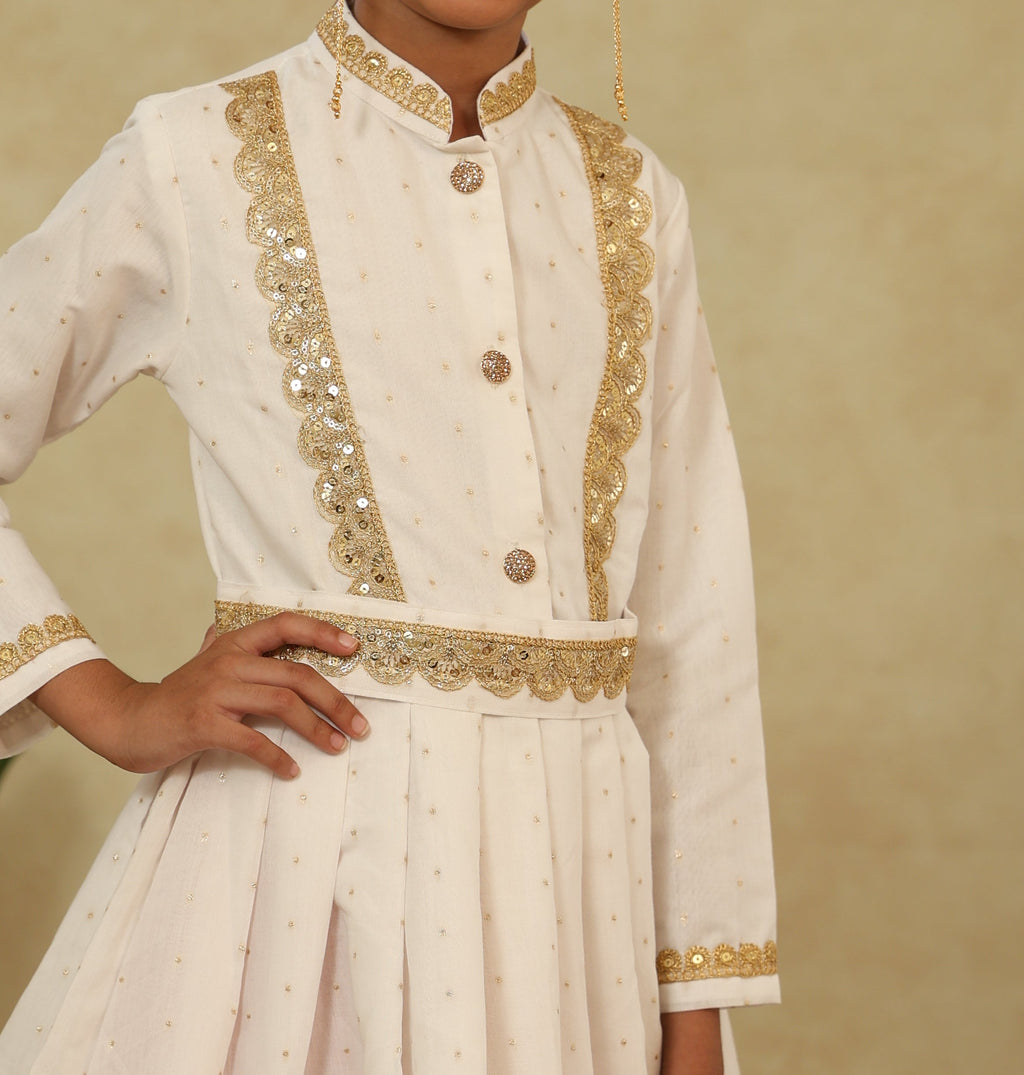 White Chanderi Flared Peshwai Kurta With Golden Lace Detailing
