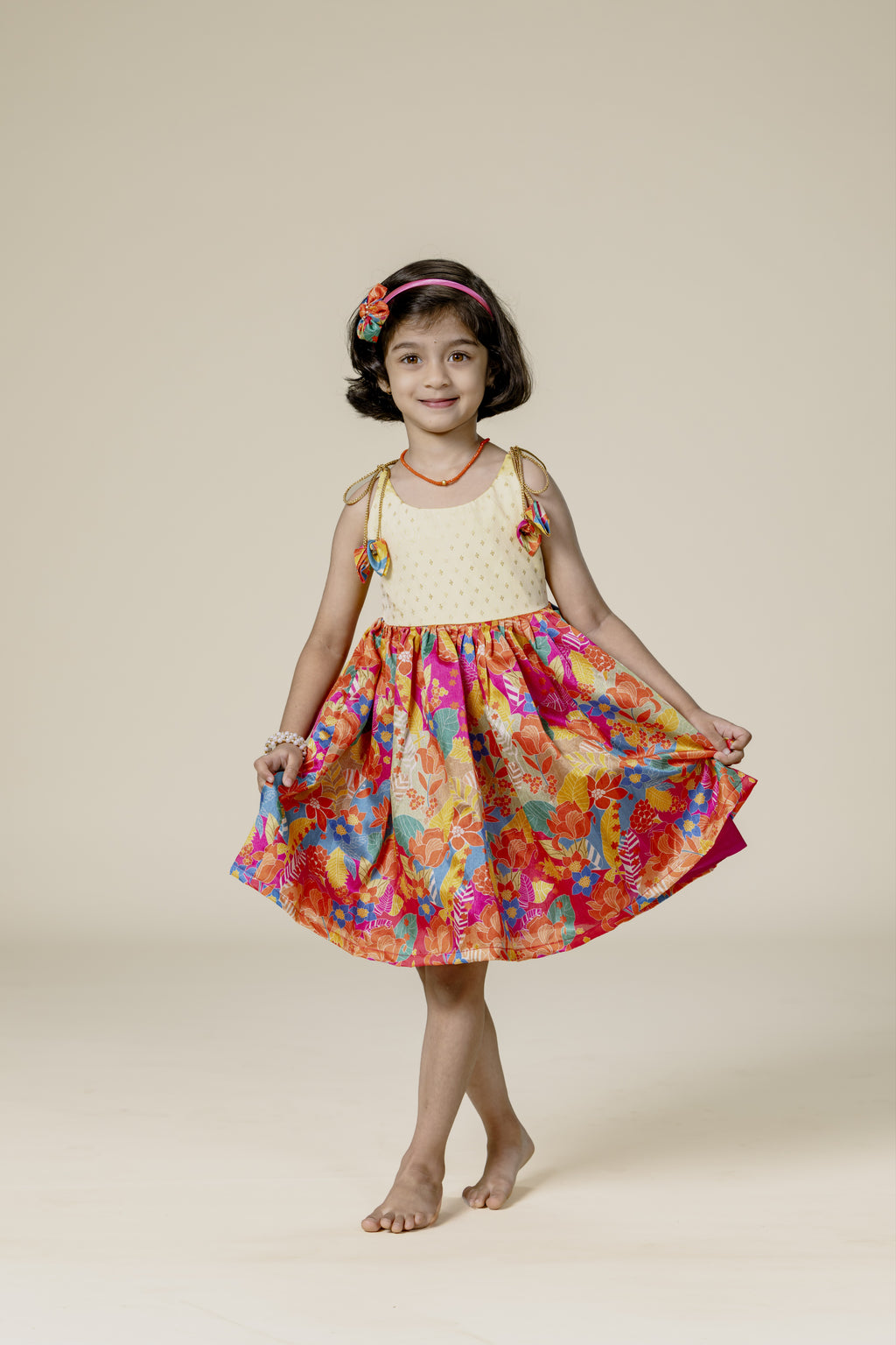 Cream Brocade & Orange Printed Silk Singlet Frock