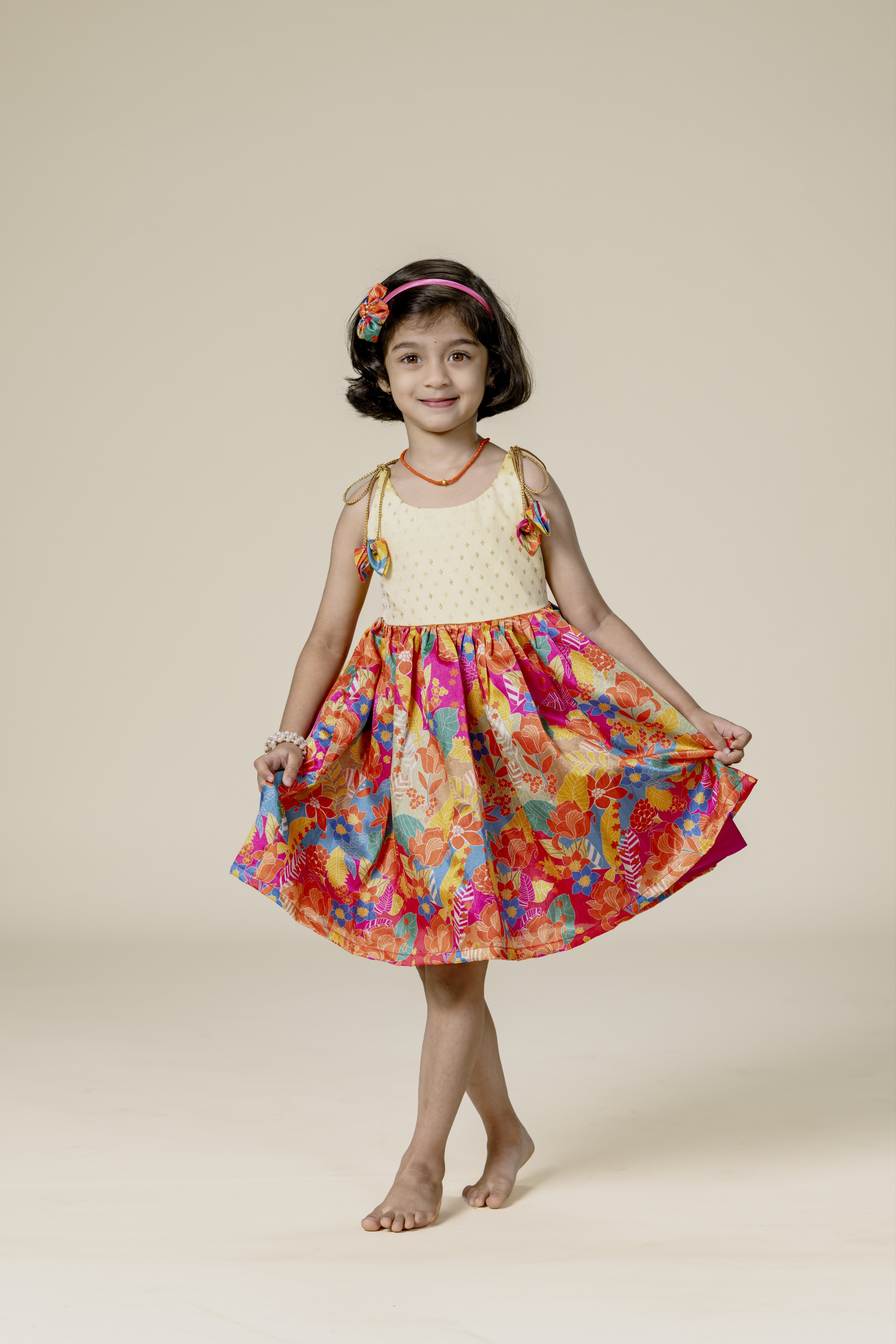 Cream Brocade & Orange Printed Silk Singlet Frock