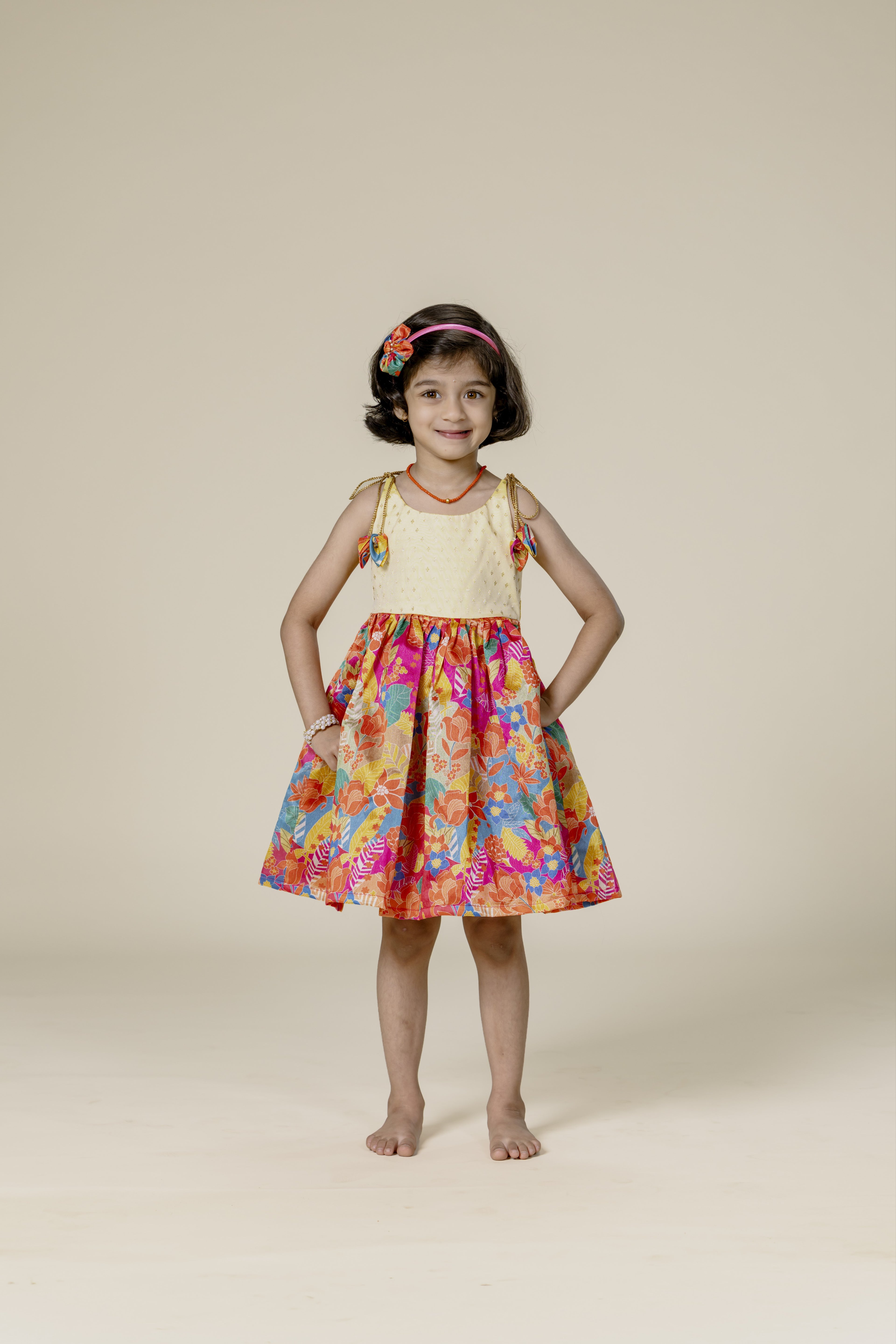 Cream Brocade & Orange Printed Silk Singlet Frock