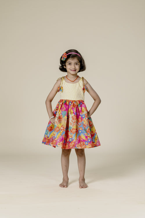 Cream Brocade & Orange Printed Silk Singlet Frock