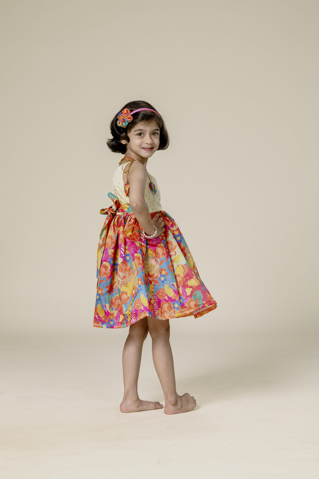 Cream Brocade & Orange Printed Silk Singlet Frock