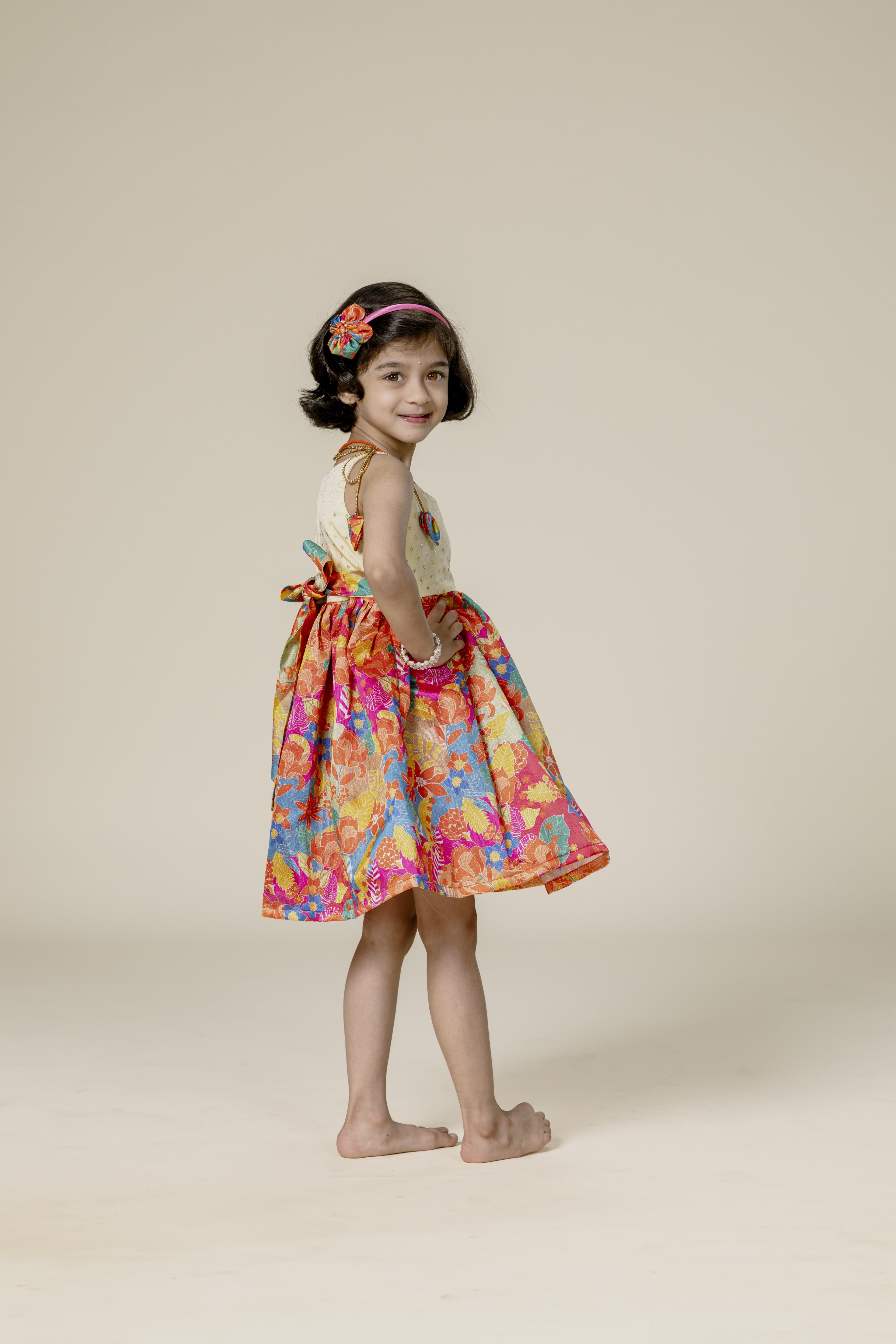 Cream Brocade & Orange Printed Silk Singlet Frock