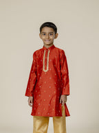 Rust Cotton Silk Zari Butta Stand Collar Kurta