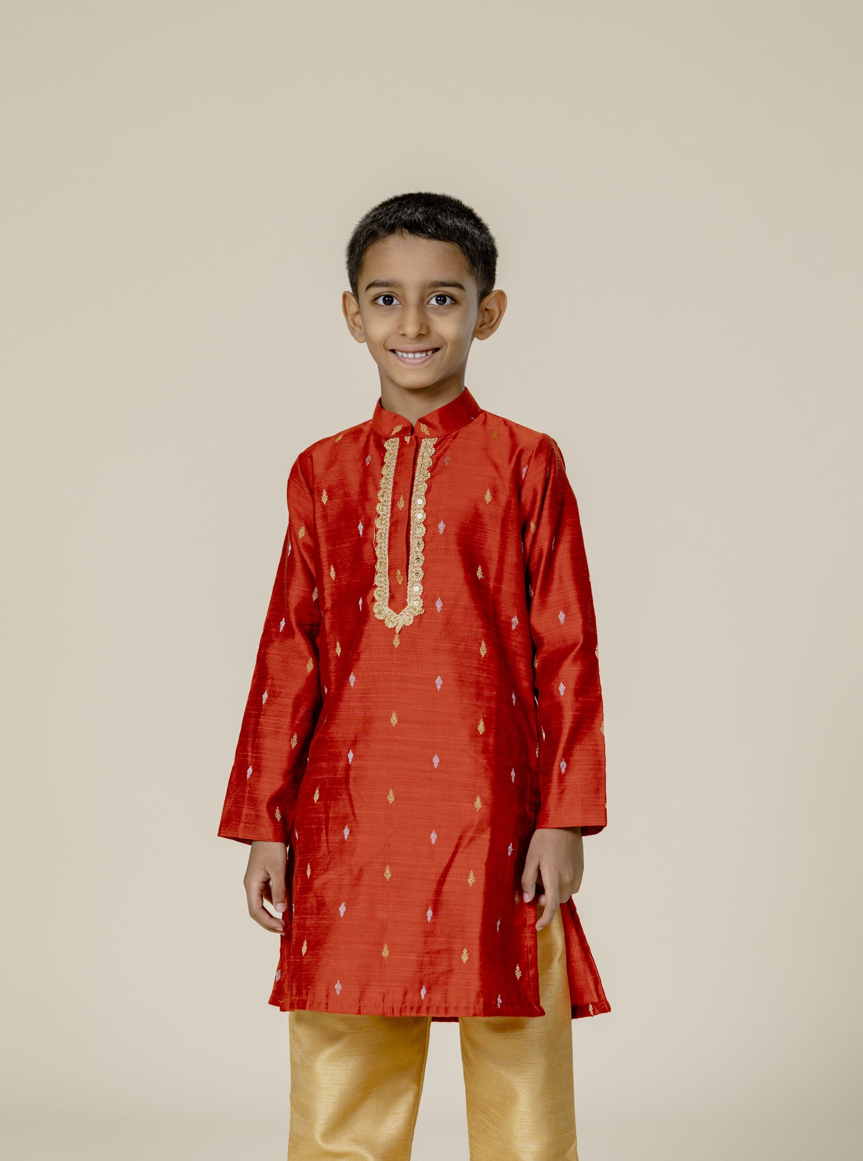 Rust Cotton Silk Zari Butta Stand Collar Kurta