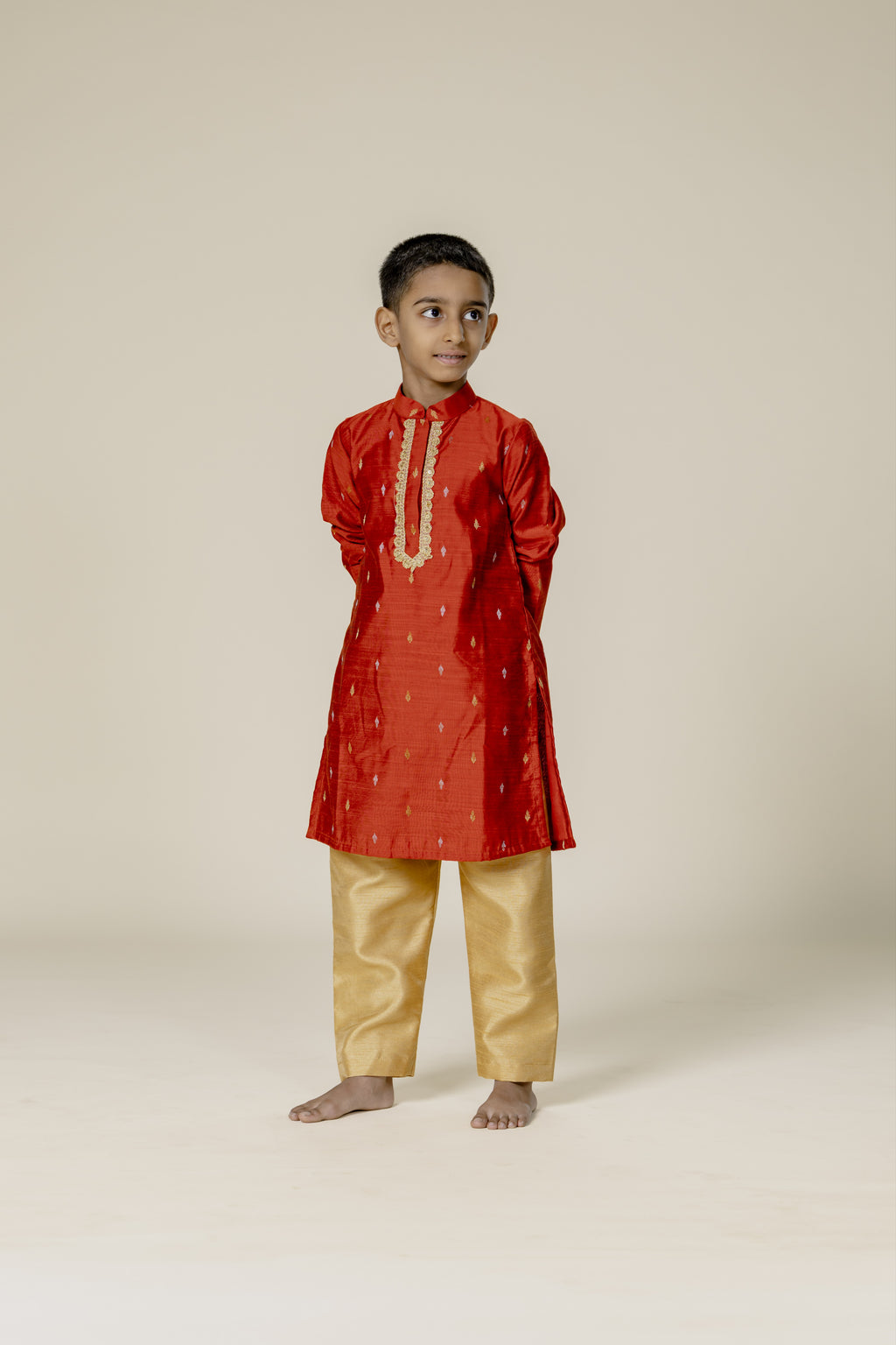 Rust Cotton Silk Zari Butta Stand Collar Kurta