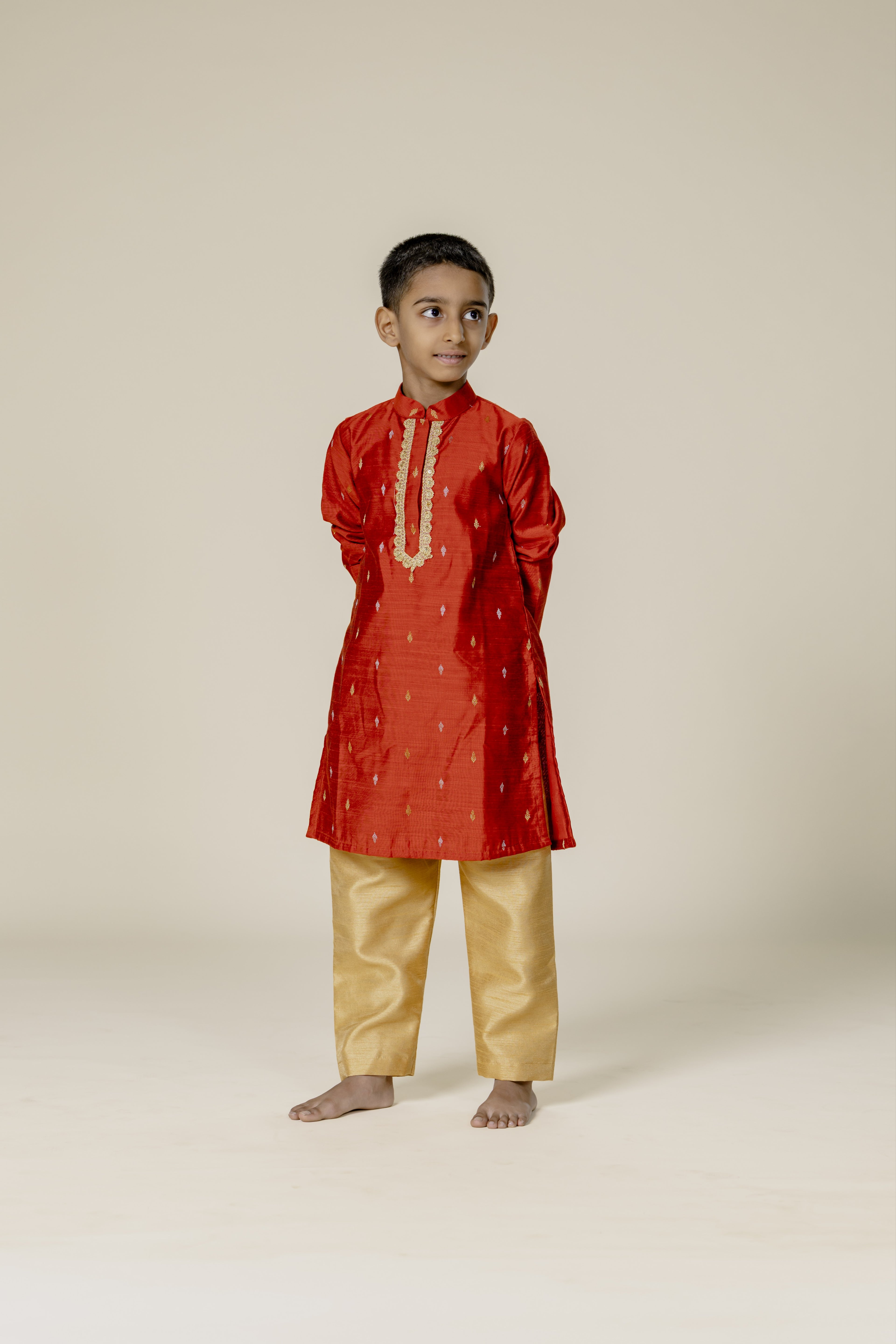 Rust Cotton Silk Zari Butta Stand Collar Kurta