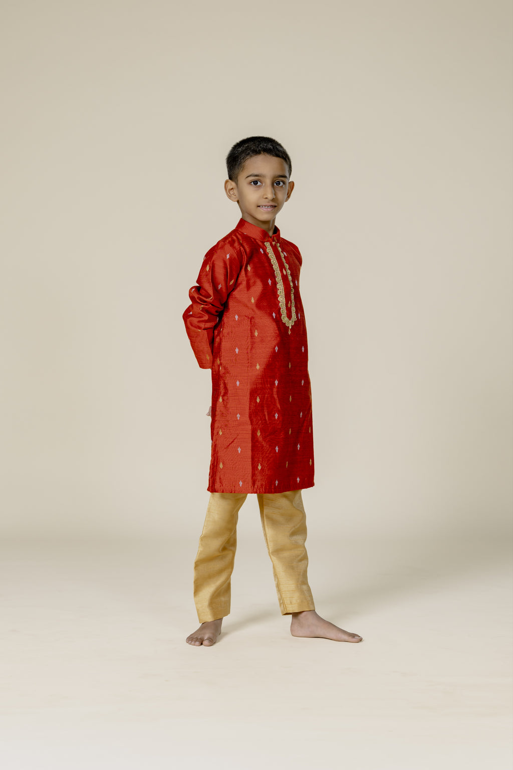 Rust Cotton Silk Zari Butta Stand Collar Kurta