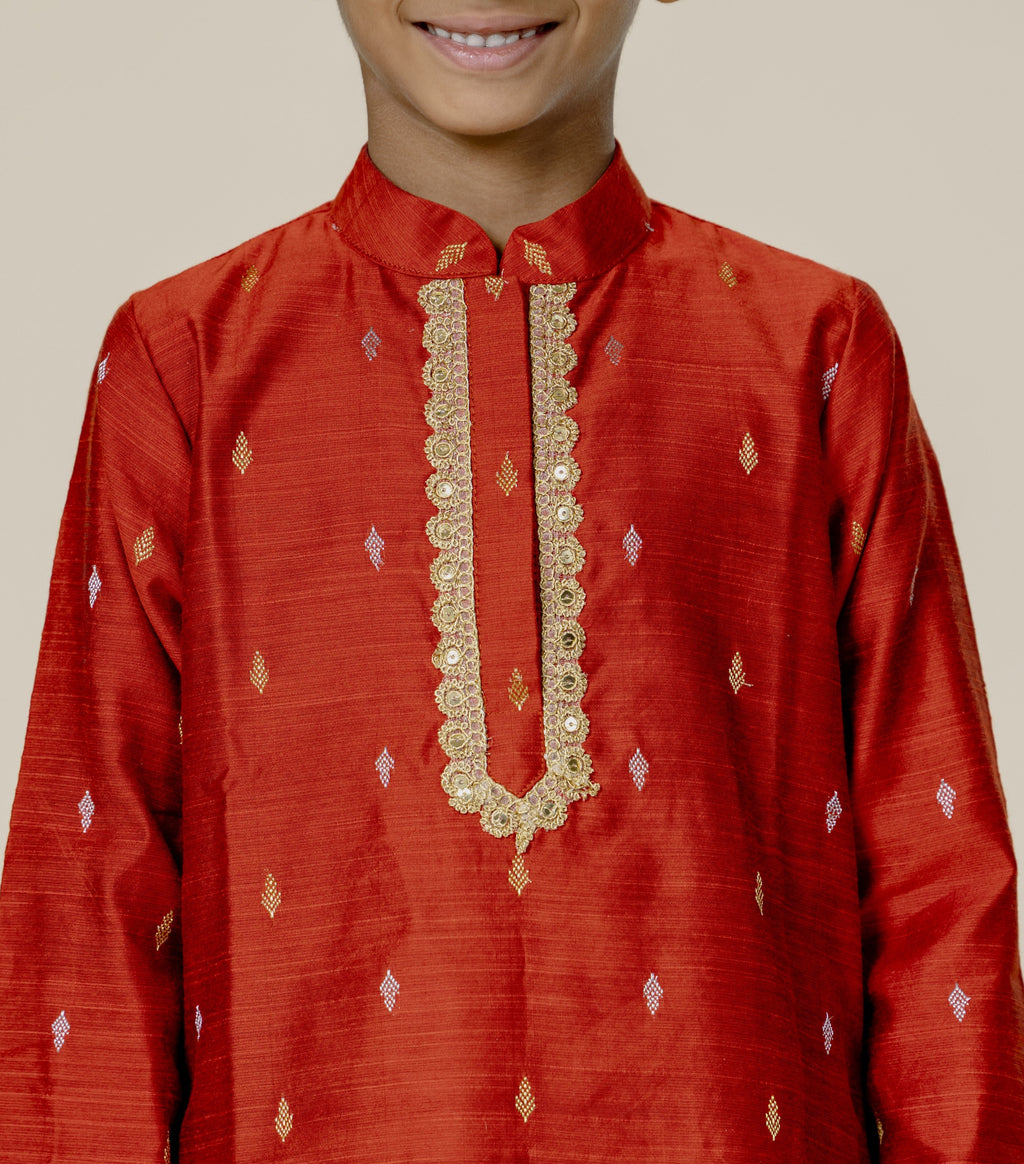 Rust Cotton Silk Zari Butta Stand Collar Kurta