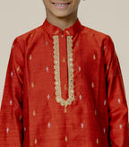 Rust Cotton Silk Zari Butta Stand Collar Kurta