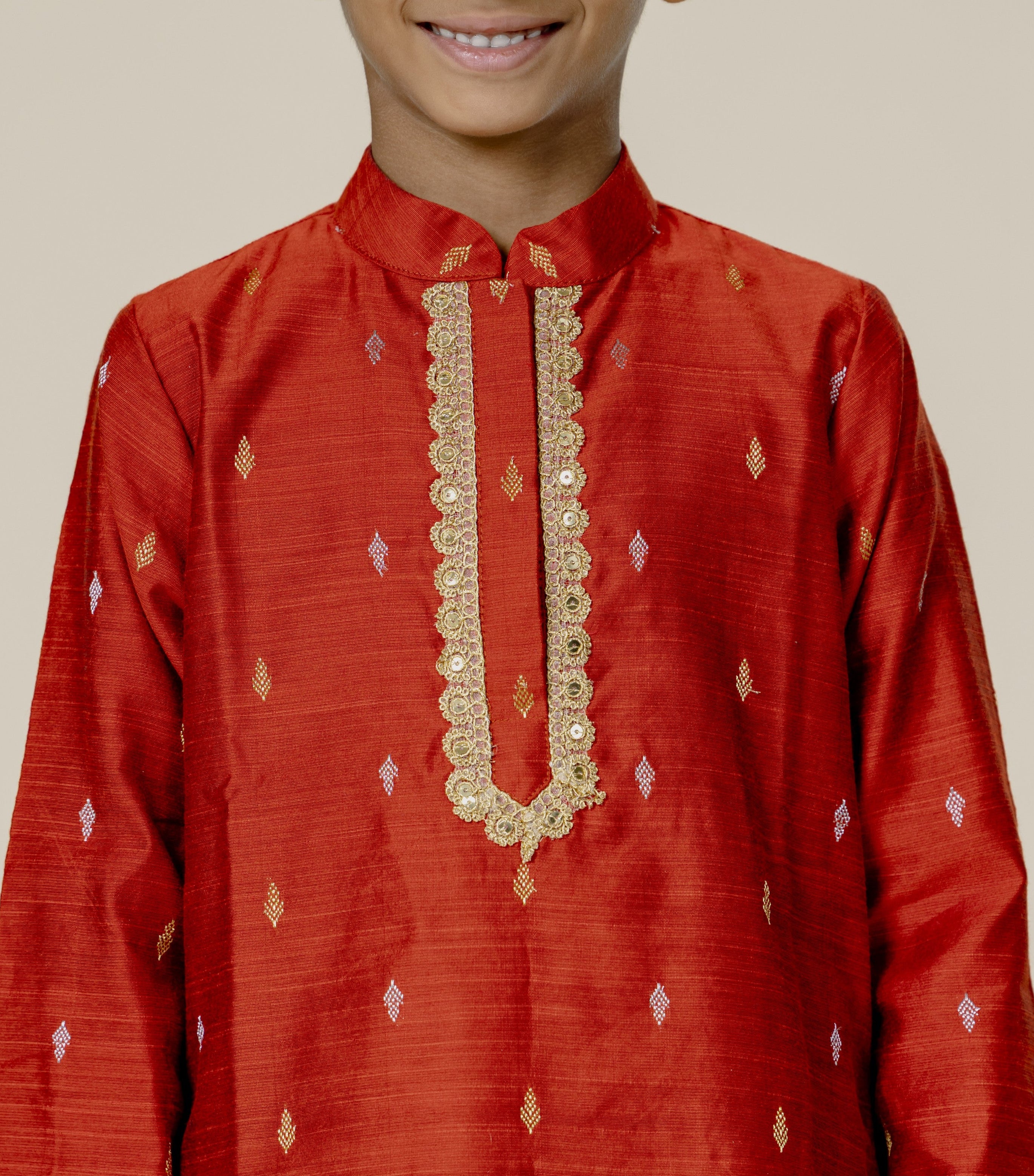 Rust Cotton Silk Zari Butta Stand Collar Kurta