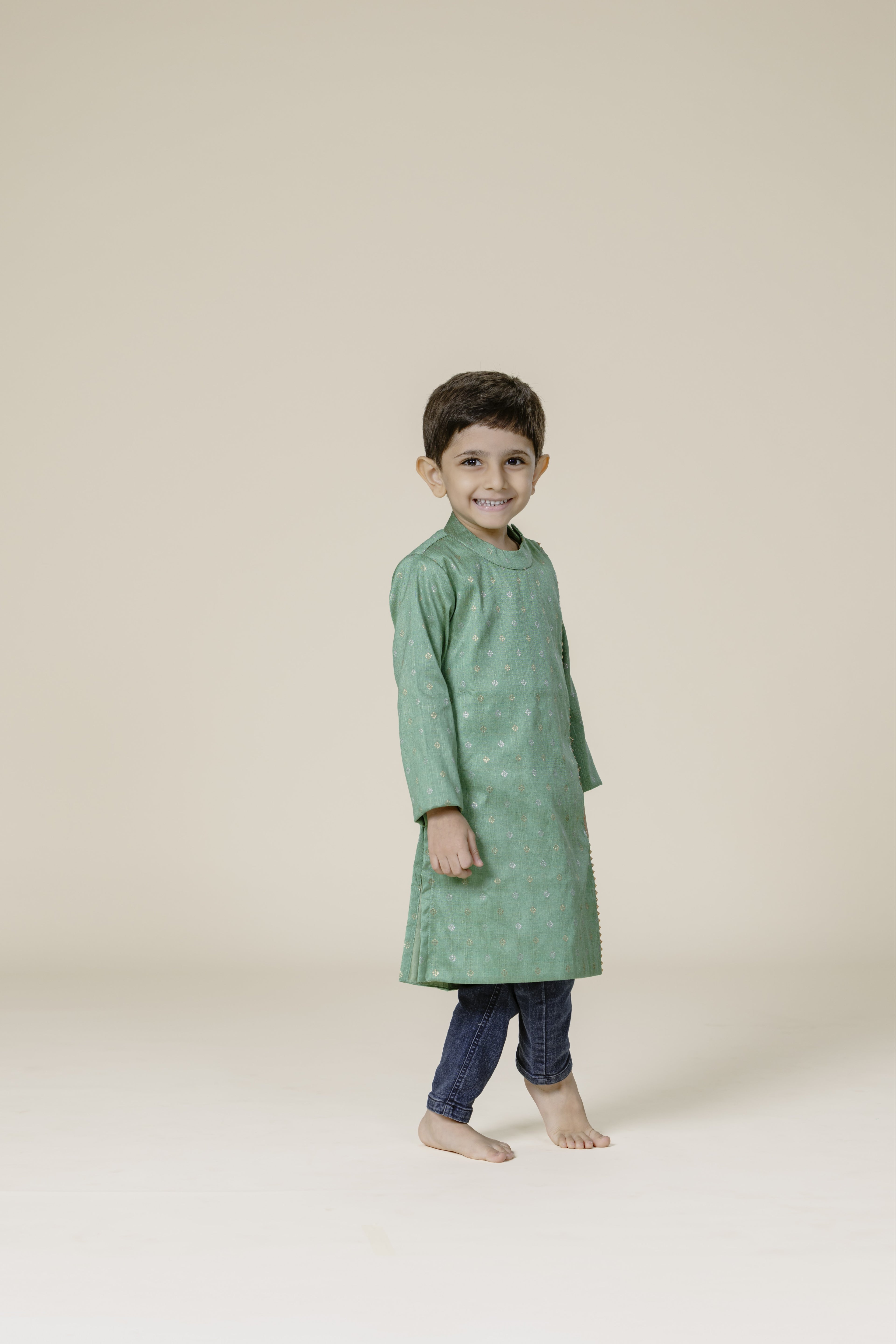 Sage Green Raw Silk Zari Butta Mandarin Collar Kurta