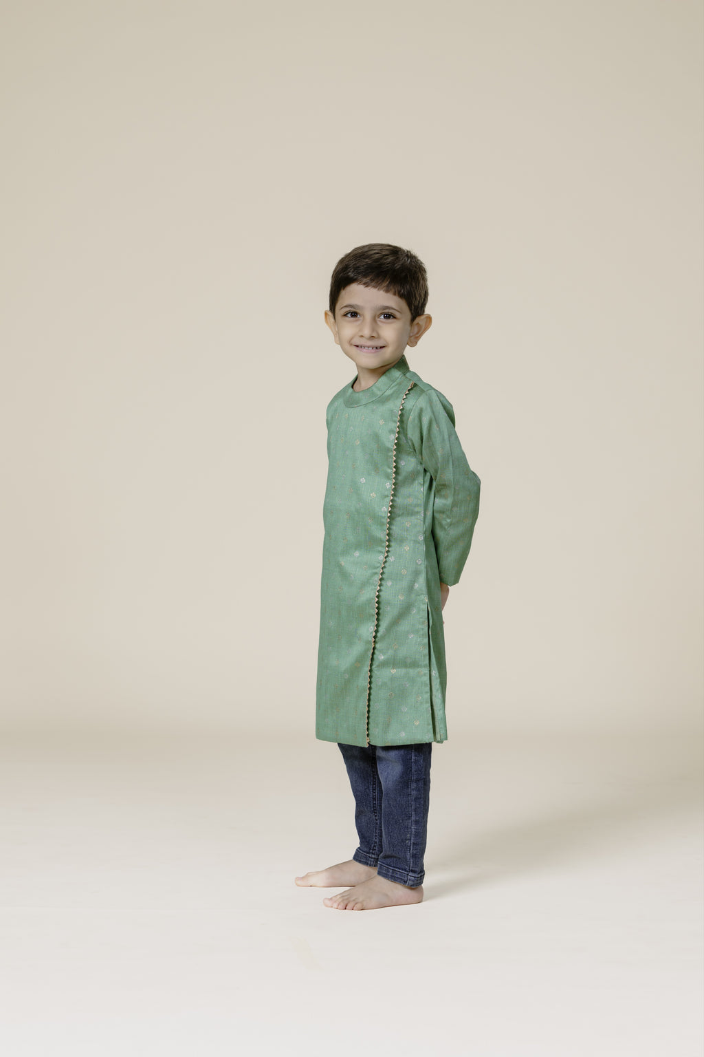 Sage Green Raw Silk Zari Butta Mandarin Collar Kurta