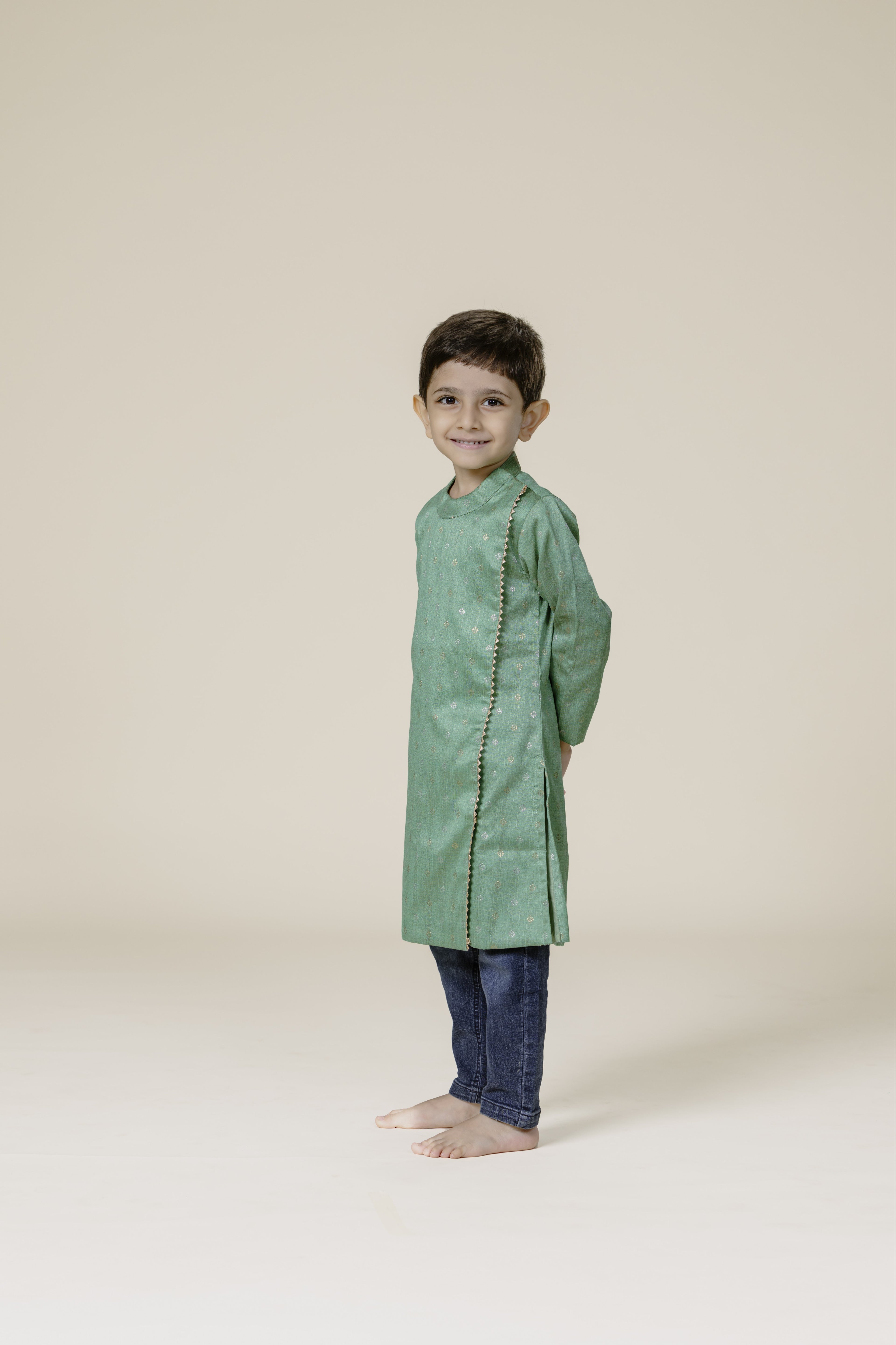 Sage Green Raw Silk Zari Butta Mandarin Collar Kurta
