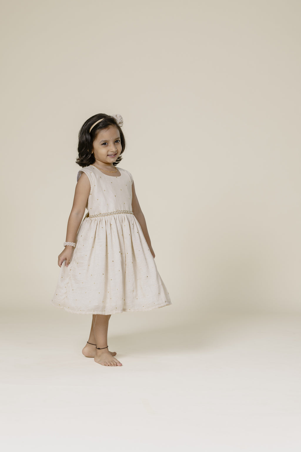 Cream Vichitra Silk Sleeveless Frock For Girls