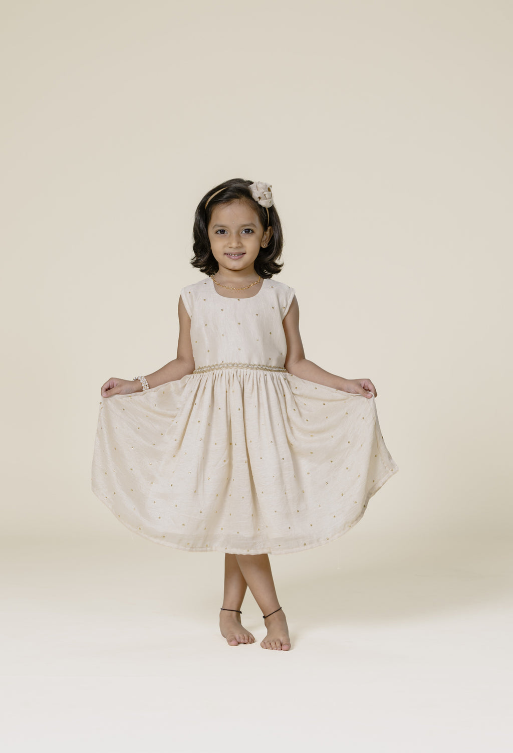 Cream Vichitra Silk Sleeveless Frock For Girls
