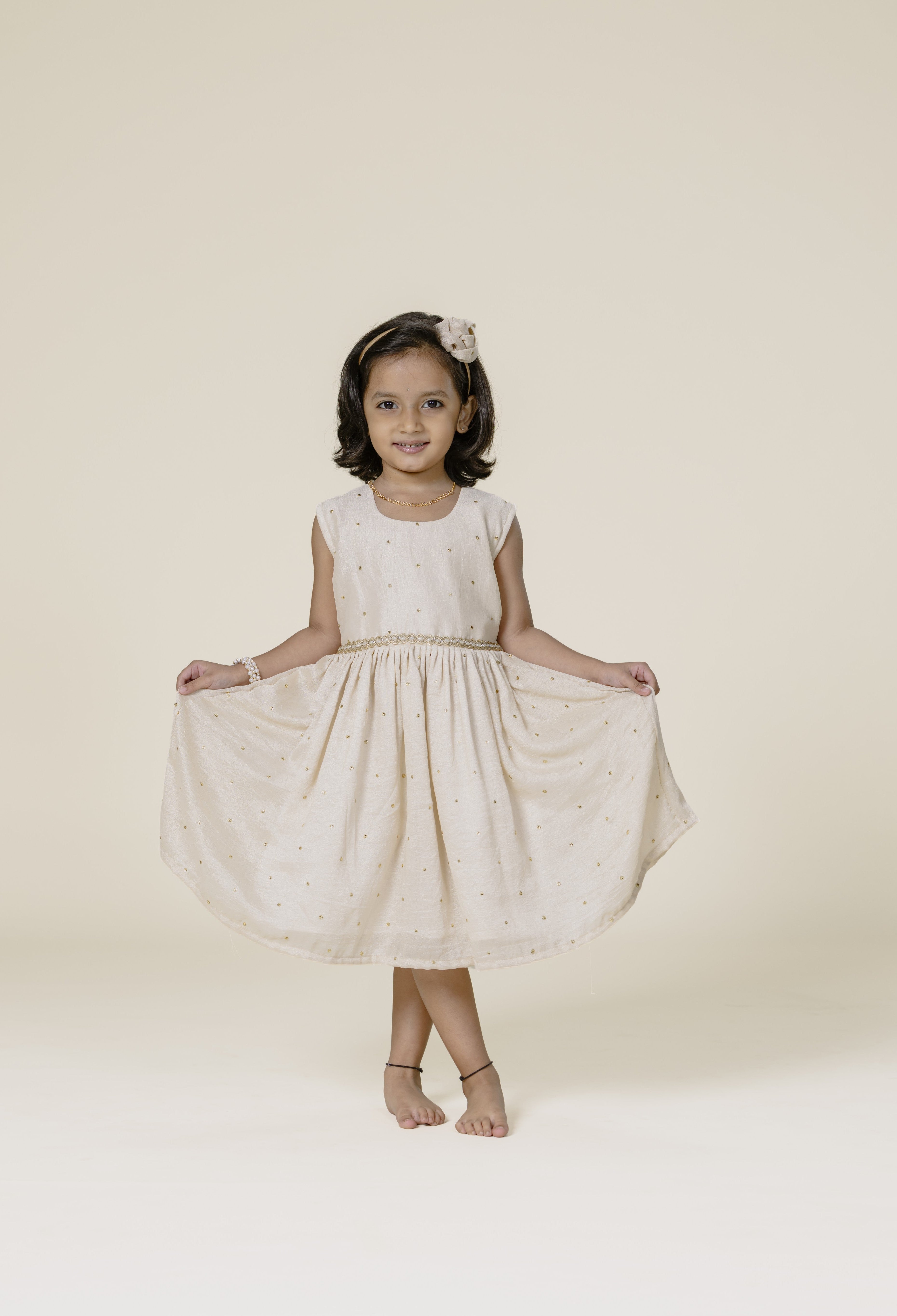 Cream Vichitra Silk Sleeveless Frock For Girls