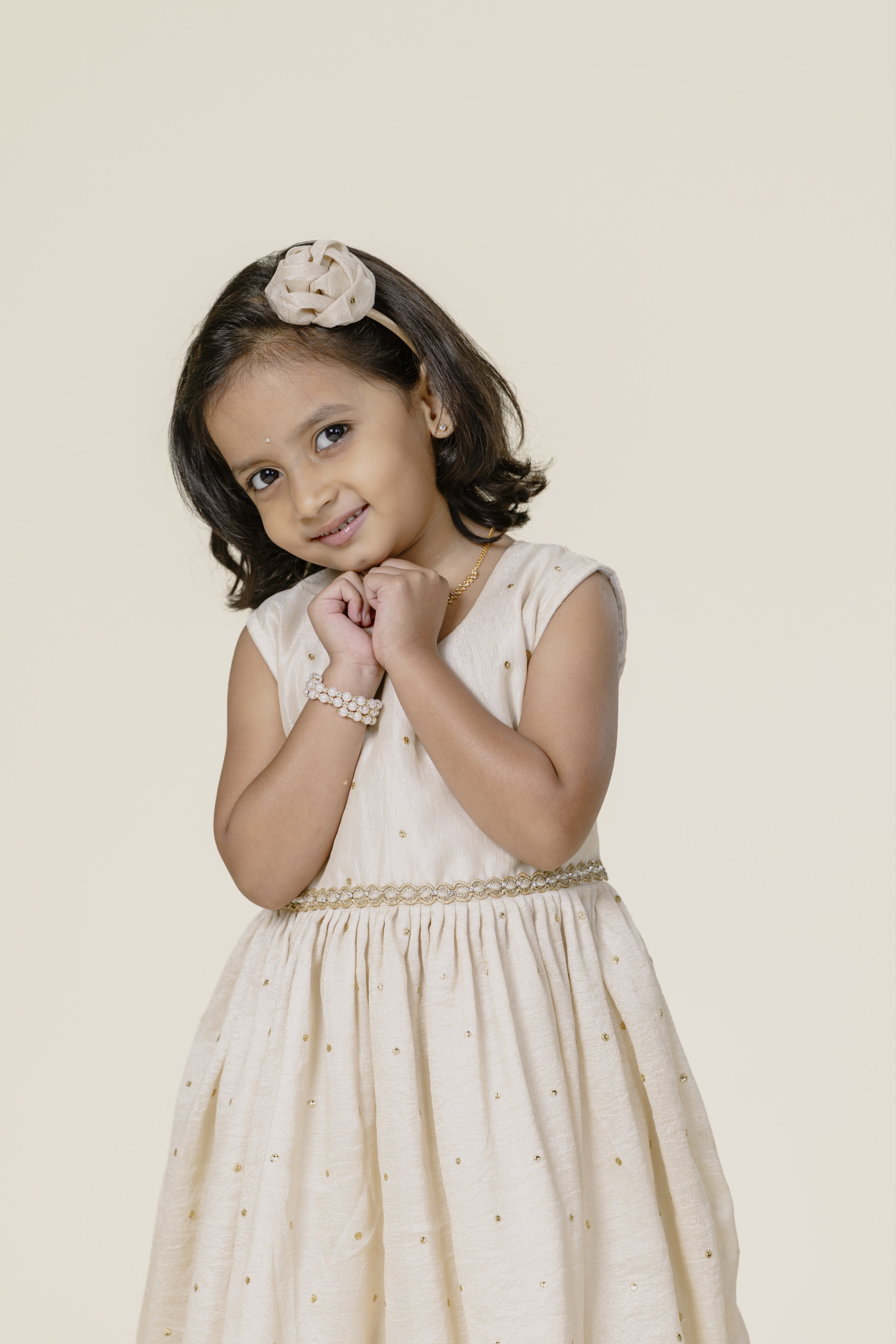 Cream Vichitra Silk Sleeveless Frock For Girls