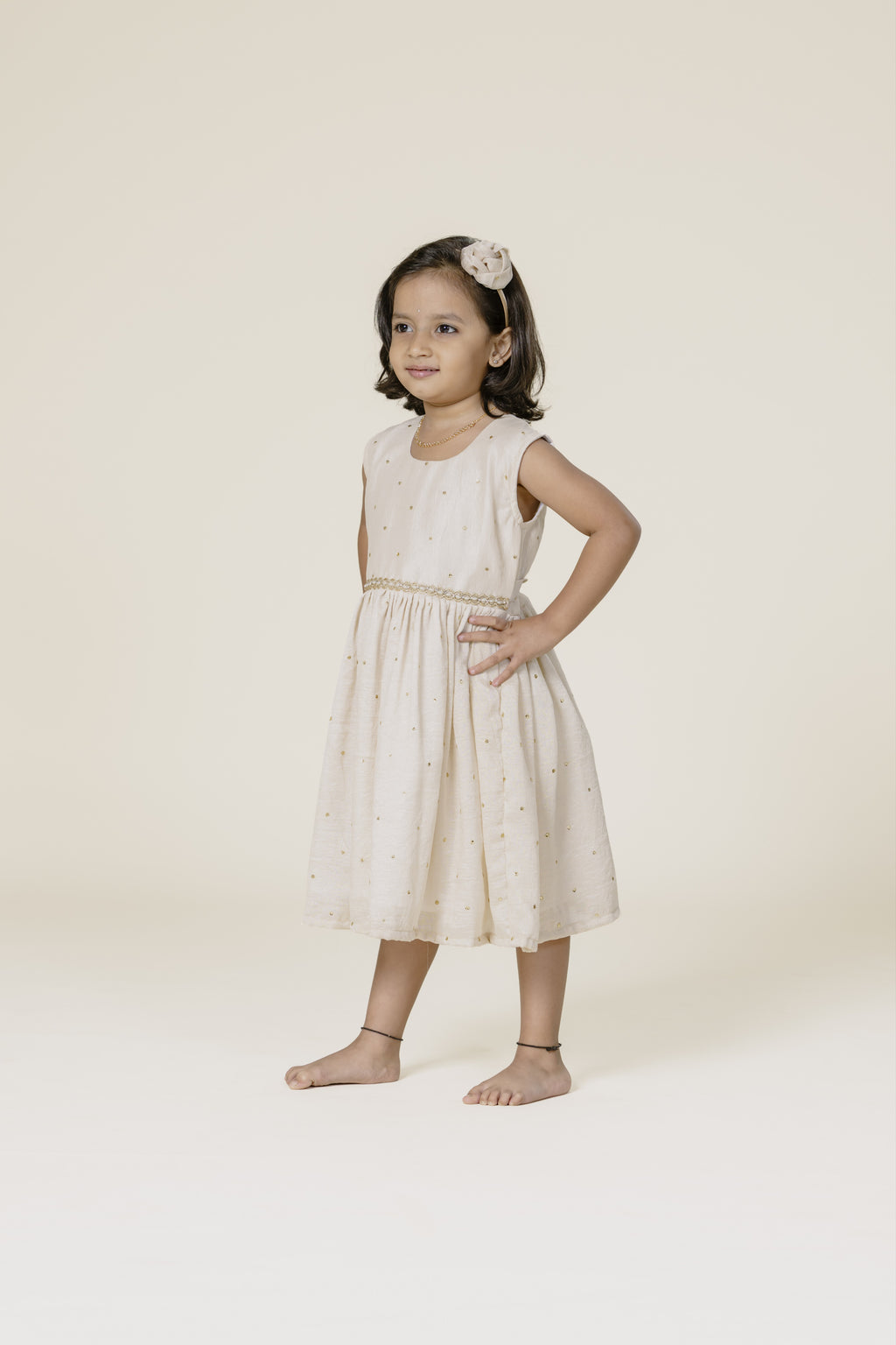 Cream Vichitra Silk Sleeveless Frock For Girls