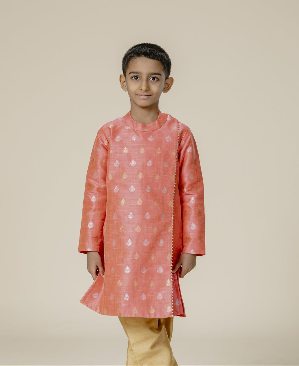 Coral Raw Silk Zari Butta Mandarin Collar Kurta