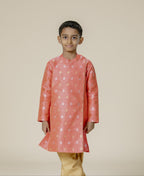 Coral Raw Silk Zari Butta Mandarin Collar Kurta