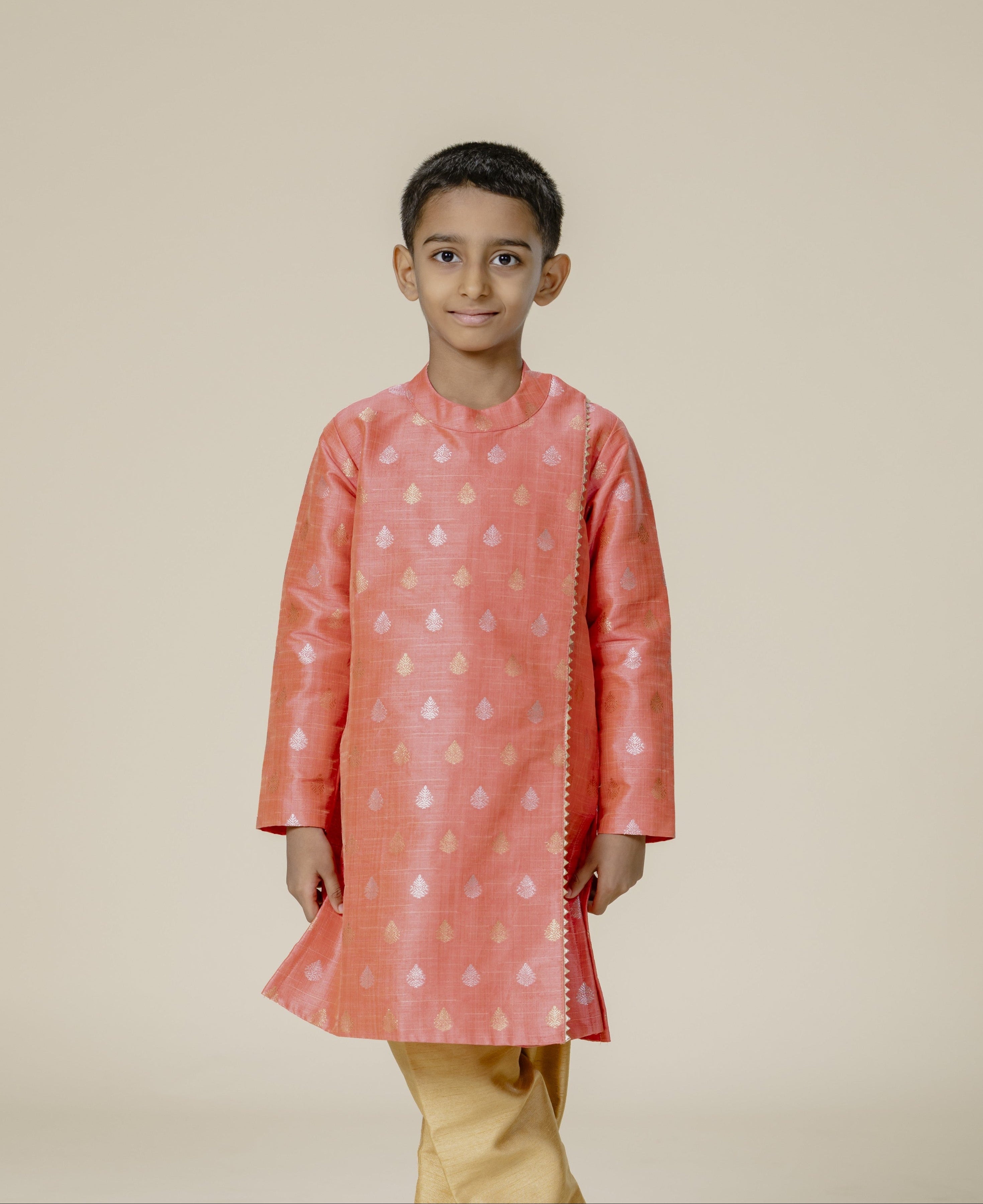 Coral Raw Silk Zari Butta Mandarin Collar Kurta