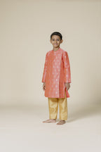 Coral Raw Silk Zari Butta Mandarin Collar Kurta
