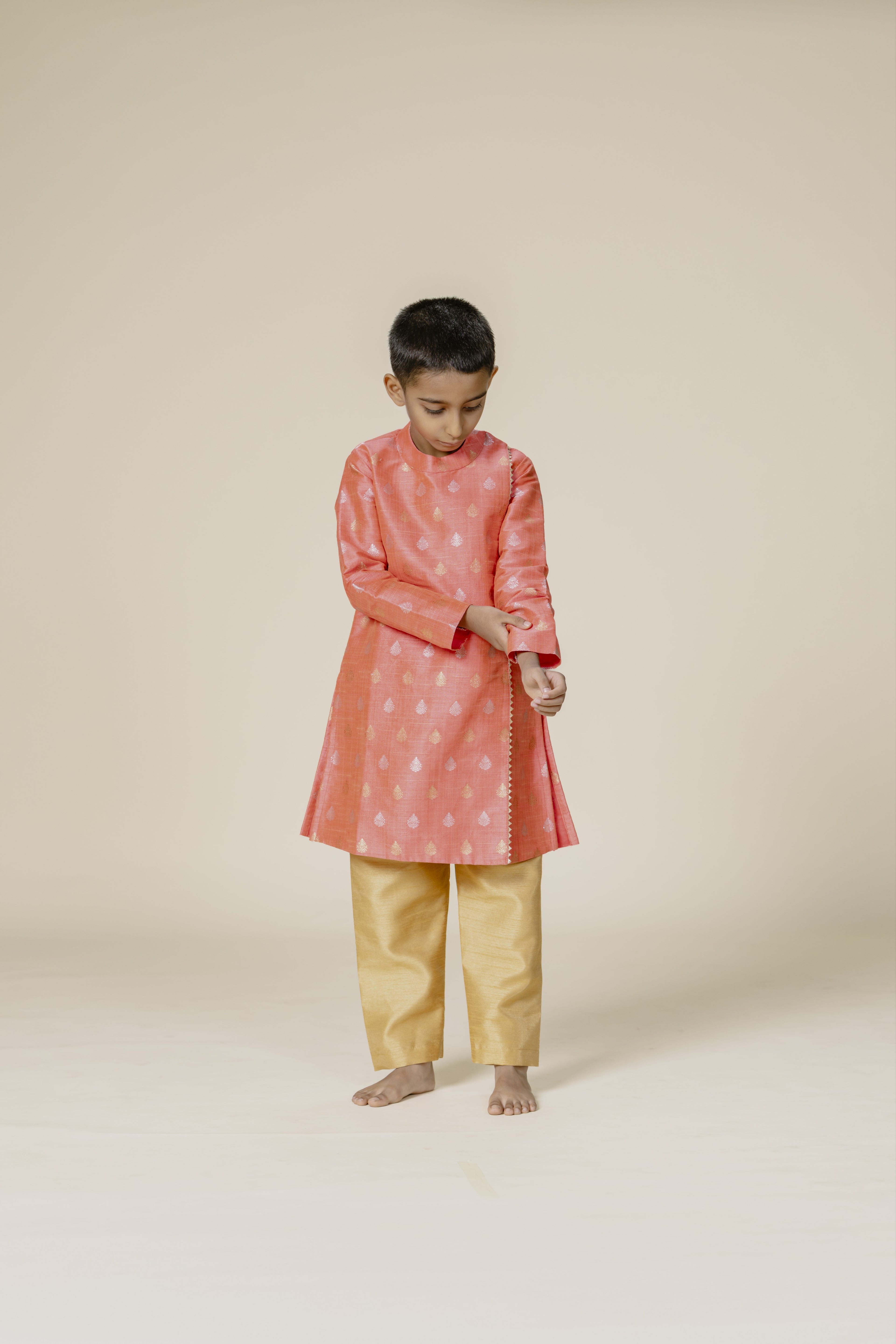 Coral Raw Silk Zari Butta Mandarin Collar Kurta