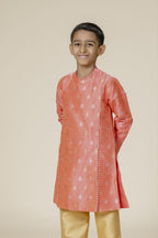 Coral Raw Silk Zari Butta Mandarin Collar Kurta