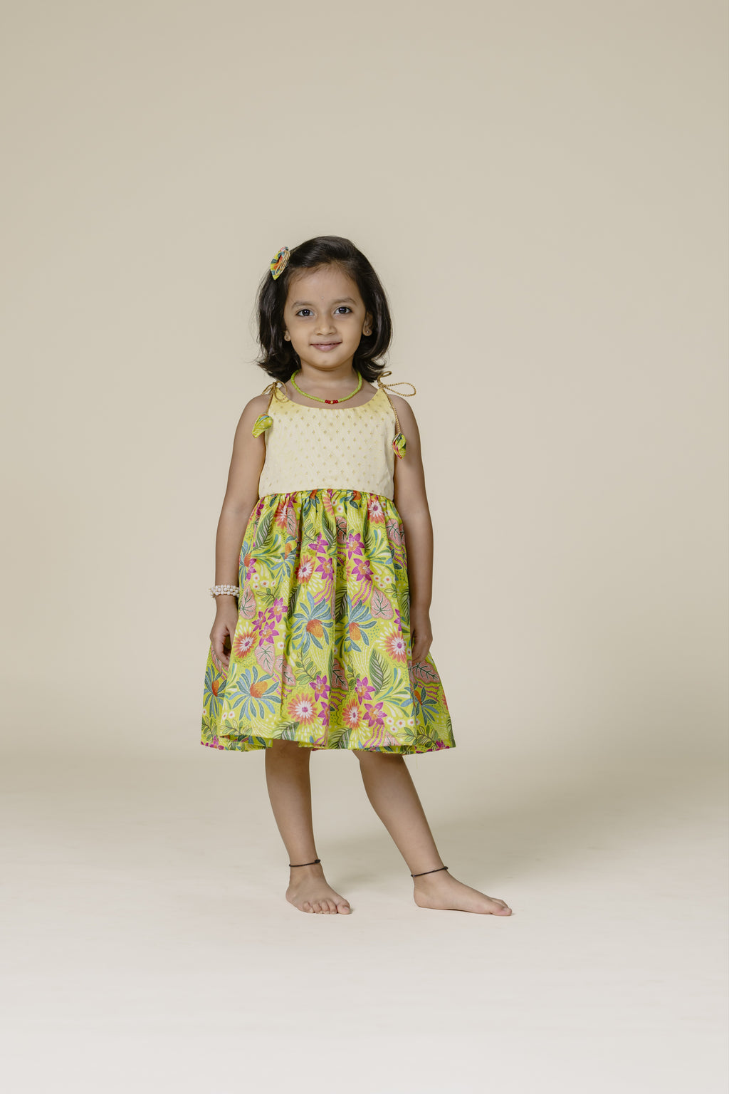 Cream Brocade & Olive Printed Silk Singlet Frock